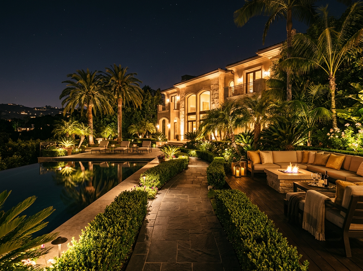 Resort pool lounge at night, Beverly Hills