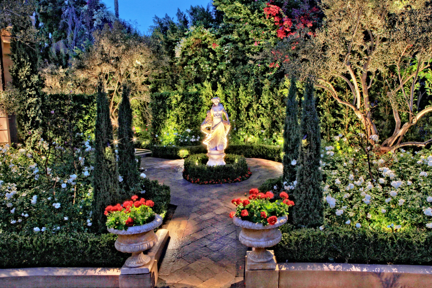 European formal garden at dusk, Hancock Park